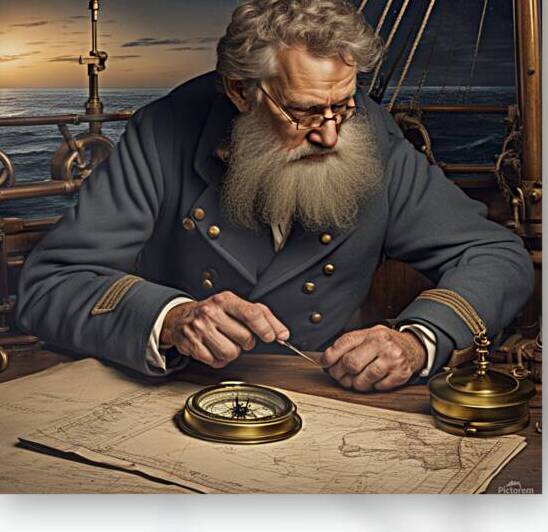 Old sailing ship captain looking at his old brass compass night time with ruff ocean behind him by AIGALLERY