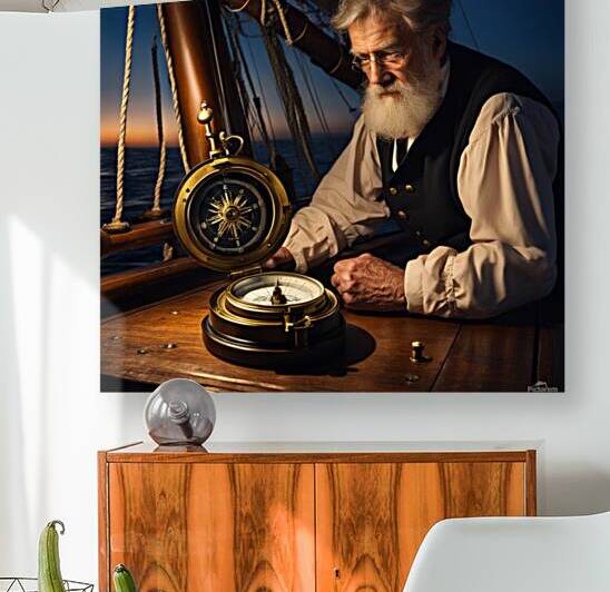 Old sailing ship captain looking at his old brass compass night time with ruff ocean behind him by AIGALLERY