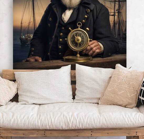 Old sailing ship captain weathered face looking at his old brass compass night time with ruff sea behind him by AIGALLERY