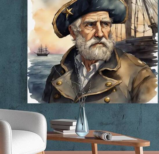 Old sailing ship captain weathered face looking at his old brass compass night time with ruff sea behind him Watercolor style by AIGALLERY