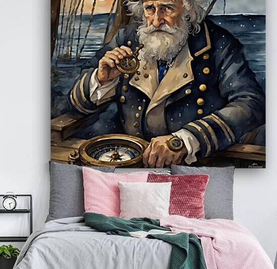 Old sailing ship captain weathered face looking at his old brass compass night time with ruff sea behind him Watercolor style by AIGALLERY