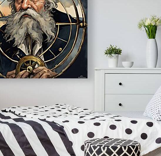 Old sailing ship captain weathered face looking at his old brass compass night time with ruff sea behind him Watercolor style by AIGALLERY