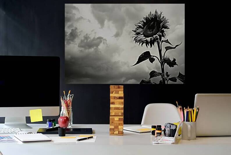 Stormwatch – Sunflower Under Clouded Sky Print by Savage Art Prints