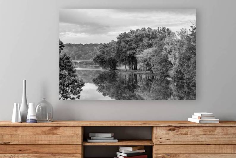 Crisp Fall Morning Lake Reflections Grayscale by Jennifer White