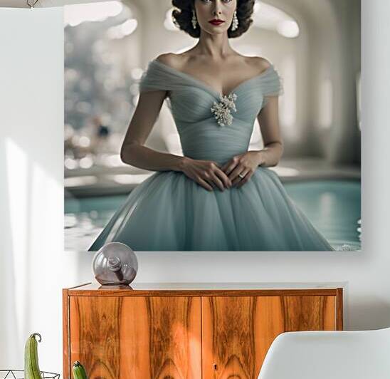 Intriguing perspective of a Ava Gardner. The translucent quality of her dress against a muted background creates a sense of aquatic serenity. Bloom translucent tilt-shift effect. shot with Fujifilm GFX 100 by AIGALLERY