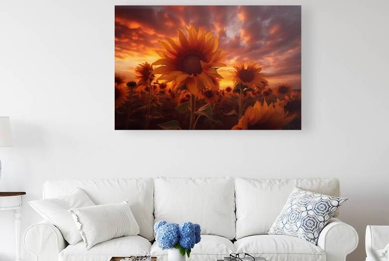 Blaze of Blooms – Dramatic Sunflower Sunset Print by Savage Art Prints