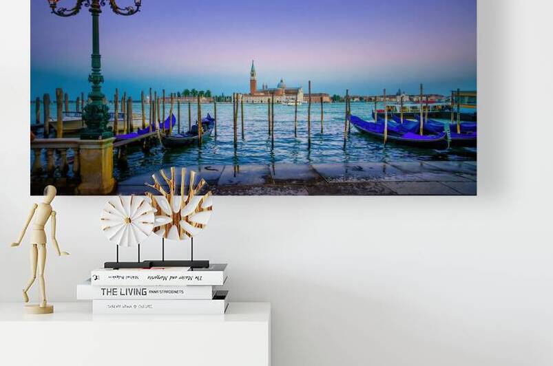 Venice street lamp and gondolas at sunset by Stefano Orazzini