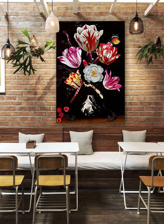 STILL LIFE WITH VARIEGATED TULIPS IN A CERAMIC VASE WITH A WASP DRAGONFLY BUTTERFLY & LIZARD by Gerry Chapleski