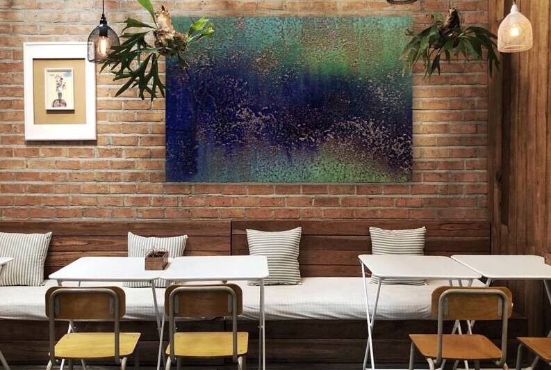 Purple Green Blue Brass Abstract 1123-4 by Iris H Richardson