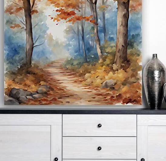 Autumn forest forest path without people beautiful autumn colors nice autumn leaves on the trees leaves on the ground cheerful blue sky with small white clouds beautiful landscape in style of Asher Brown Durand Watercolor style by AIGALLERY