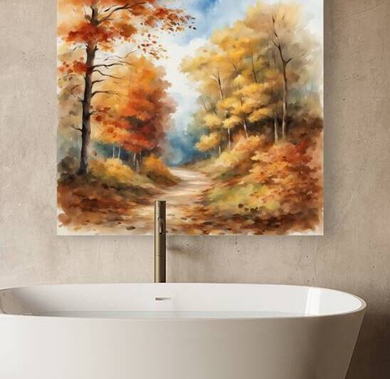 Autumn forest forest path without people beautiful autumn colors nice autumn leaves on the trees leaves on the ground cheerful blue sky with small white clouds beautiful landscape in style of Asher Brown Durand Watercolor style by AIGALLERY