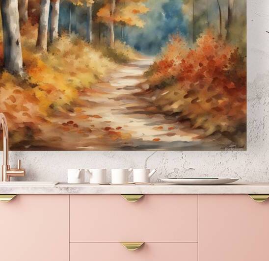 Autumn forest forest path without people beautiful autumn colors nice autumn leaves on the trees leaves on the ground cheerful blue sky with small white clouds beautiful landscape in style of Asher Brown Durand Watercolor style by AIGALLERY