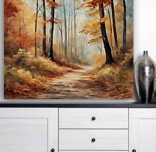 Autumn forest forest path without people beautiful autumn colors nice autumn leaves on the trees leaves on the ground cheerful blue sky with small white clouds beautiful landscape in style of Asher Brown Durand Watercolor style by AIGALLERY