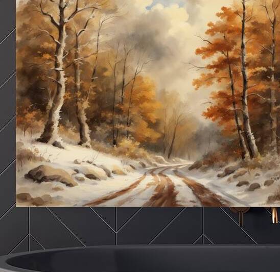 Early winter slightly snowy forest road without people still there are autumn leaves on the trees and on the ground beautiful clouds little sunshine lots of brown colors beautiful landscape in style of Asher Brown Durand watercolor. by AIGALLERY
