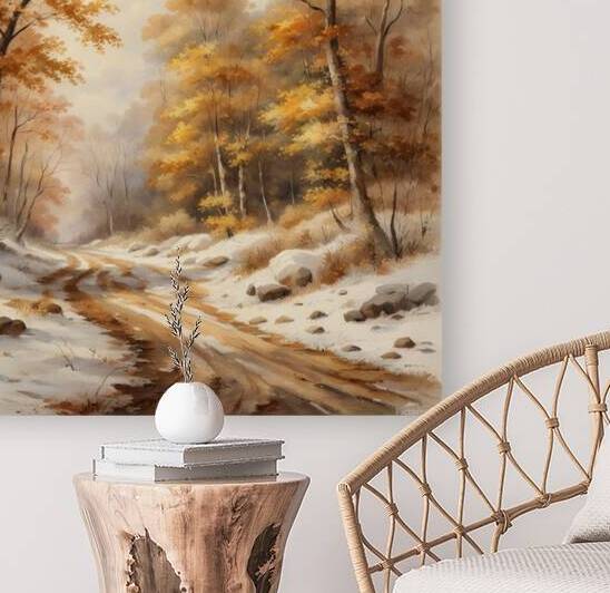 Early winter slightly snowy forest road without people still there are autumn leaves on the trees and on the ground beautiful clouds little sunshine lots of brown colors beautiful landscape in style of Asher Brown Durand watercolor. by AIGALLERY