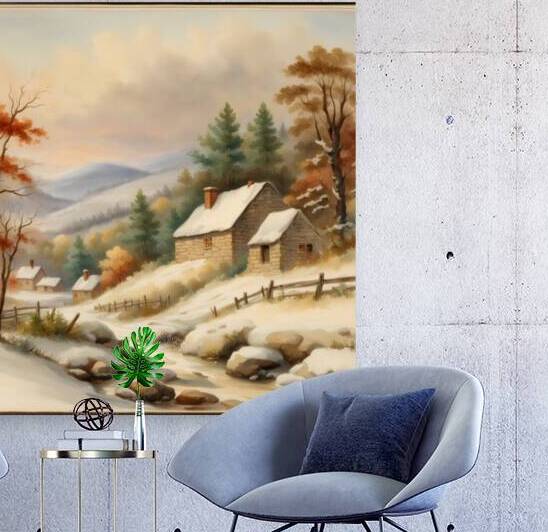 Beautiful colorful snowy hilly rural landscape without people small houses fence road stream some pine style Asher brown Durand watercolor. by AIGALLERY