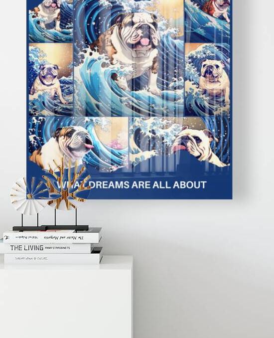 Adventure Magazine Cover with Surfing English Bulldog Poster-Blue by Raquel Manteiga