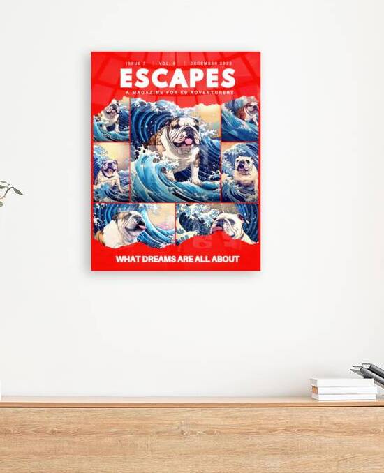 Adventure Magazine Cover with Surfing English Bulldog Poster-Red by Raquel Manteiga
