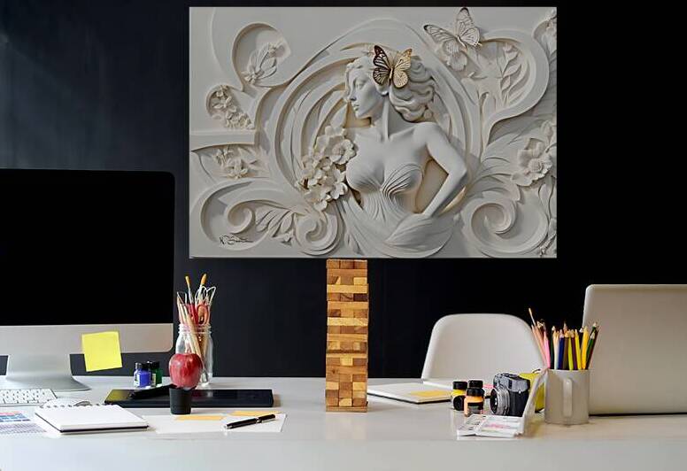 Woman with Butterfly decorative 3d relief sculpture  floral abstract wall art print by Nazan Saatci Art by Nazan Saatci