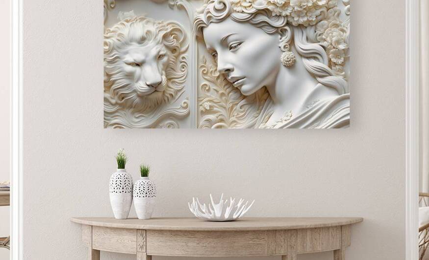 Woman with Lion decorative 3d relief sculpture  wall art print by Nazan Saatci Art by Nazan Saatci