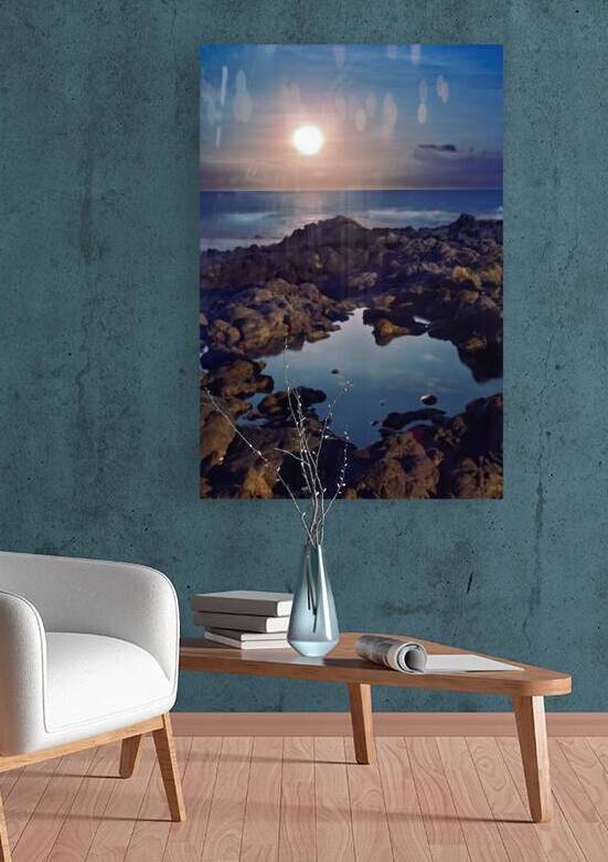 Black lava tidepool with full moon Ka Iwi Hawaii by Lauren Pritchett Photography