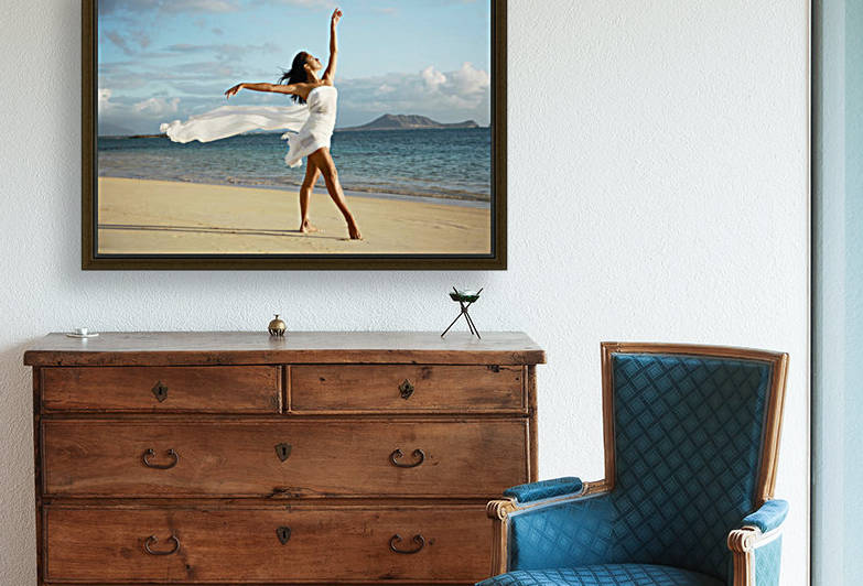 Hawaii, Oahu, Lanikai Beach, Beautiful Female Ballet Dancer On Beach Wearing White Flowing Fabric. by PacificStock