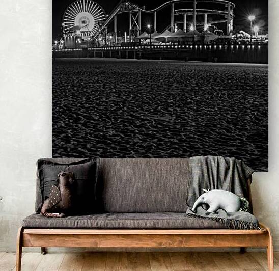 santa monica pier at night pacific park  square 2 by Black And White