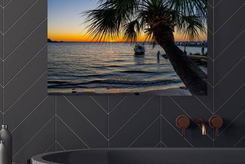 Gulf Breeze Palm Tree And Sailboat Sunset by Jennifer White