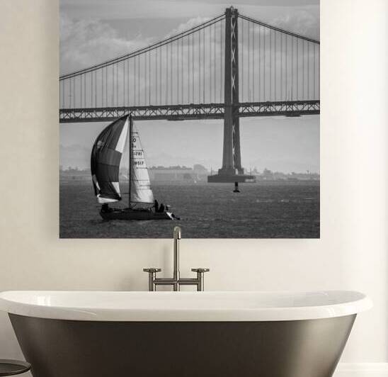 bay bridge and full sail boat  square 2766 Broad by Black And White