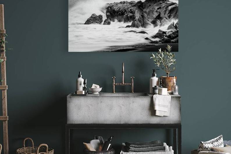 single sea gull on rocks pacific ocean  horizonta by Black And White