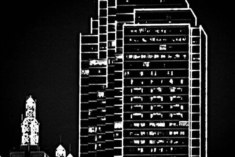 neon green outline bank of america building  hori by Black And White