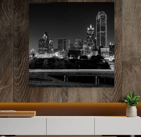 downtown dallas skyline stemmons expressway  squa by Black And White
