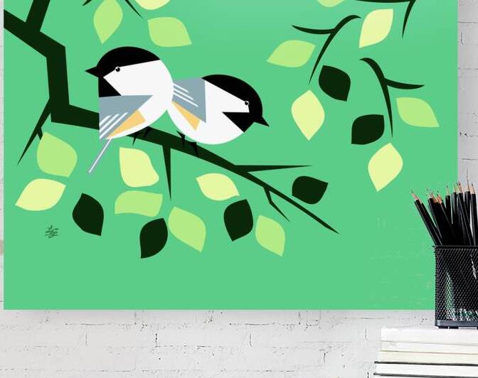 Chickadees On Tree Branch by Liz Cereby