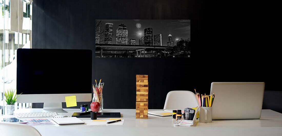 houston skyline over buffalo bayou  panoramic 327 by Black And White