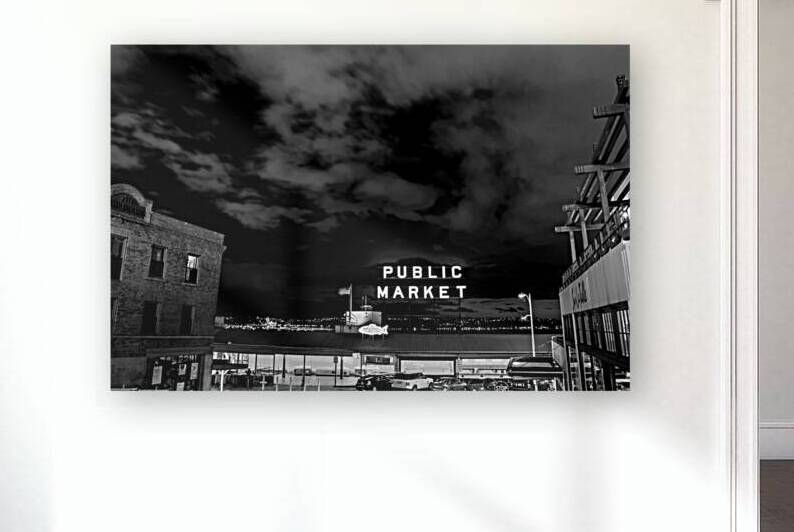 seattle public market sign at night  horizontal 3 by Black And White