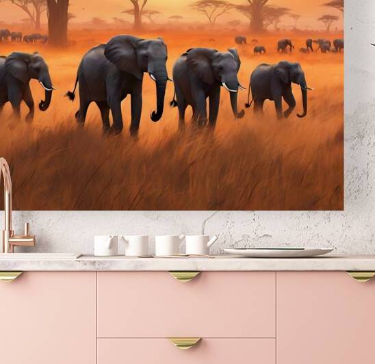 Glimpses of a herd of wild elephants crossing a savanna by perla