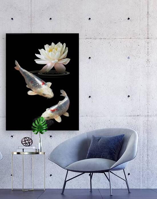  Silver and Red Koi with Water Lily Vertical by Gill Billington
