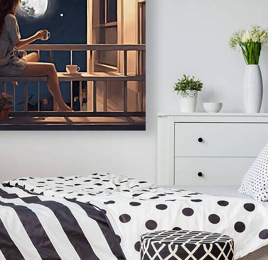 A girl sits on her balcony looking at the moon with a cup of coffee in her hands by taher00