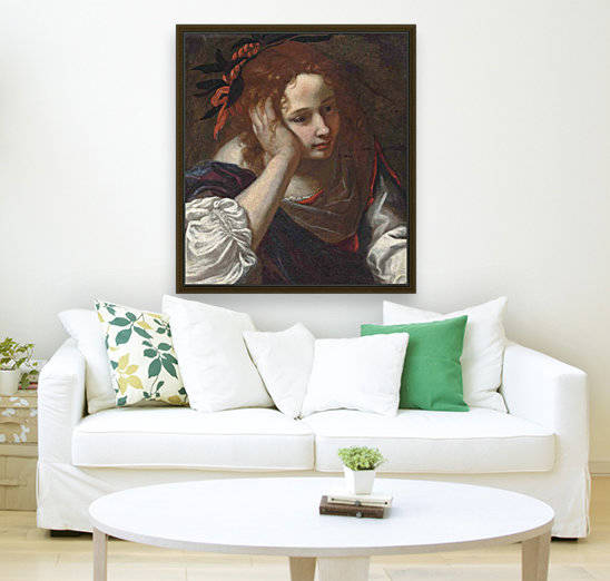 A young girl in a red dress with a purple cloak, her head resting on her hand by Jacopo Vignali