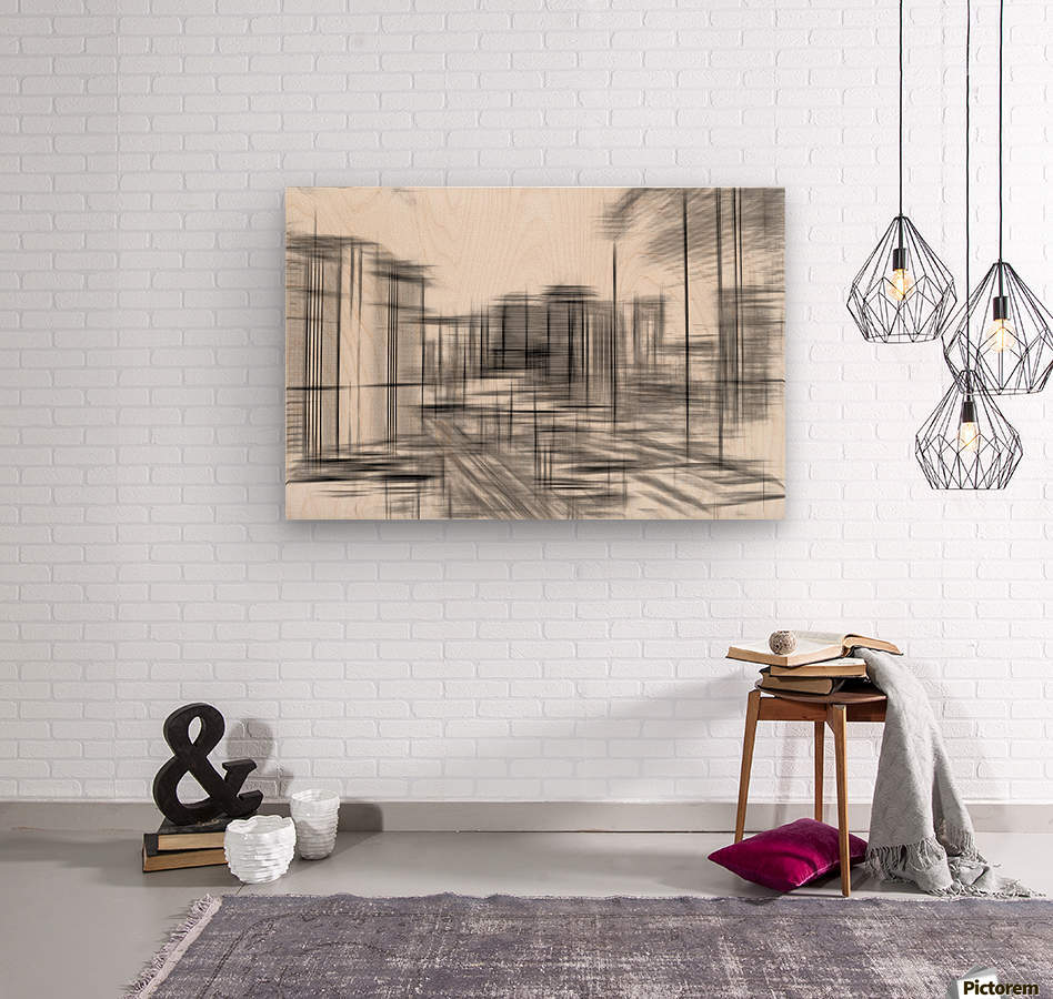 pencil drawing buildings in the city in black and white   Wood print