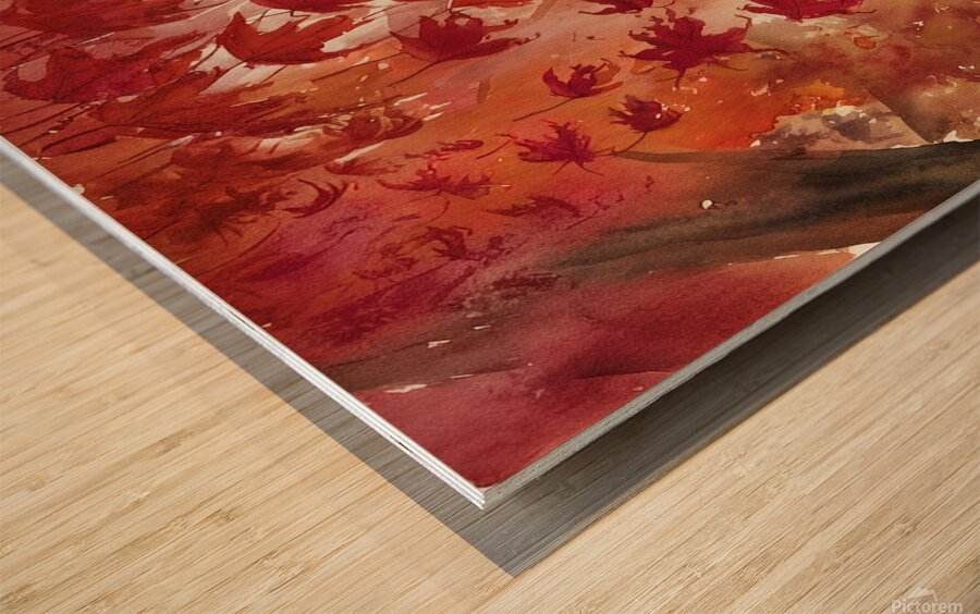Watercolor drawing of falling red leaves in autum Wood print