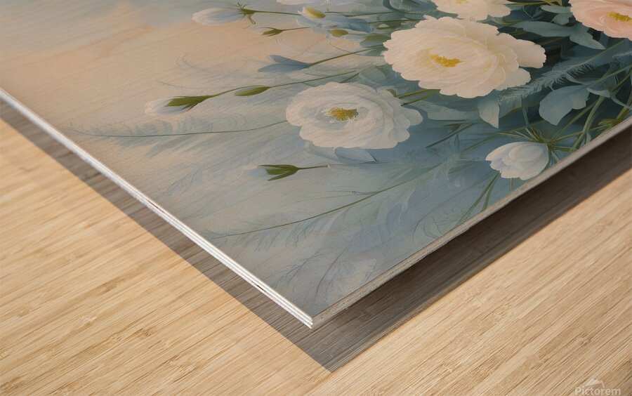 A celestial painting featuring blue and white flowers in soft pastel tones adding tranquility and beauty to your decor. Generative Al Wood print