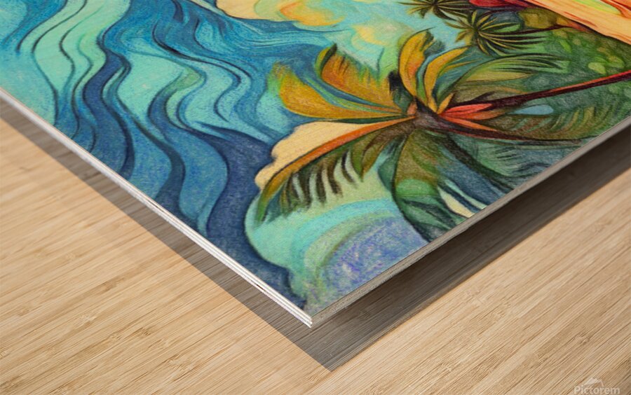 Tropical Beach with Palm Trees Golden Sand and Ocean Wood print