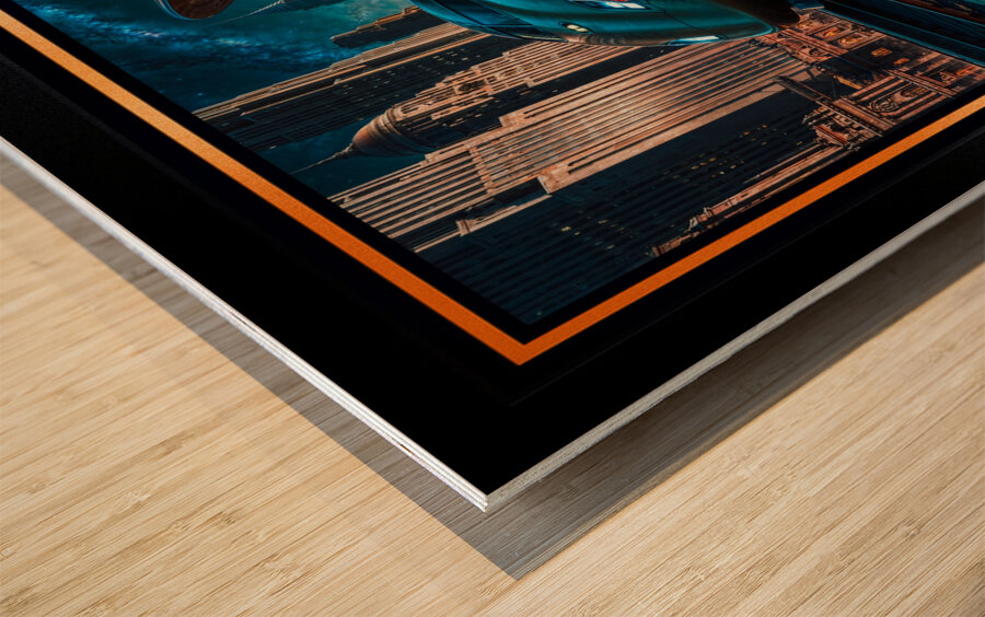 Retro-Futurism Cityscape With High Speed Train And Hovering Spacecraft Awe-Inspiring AI Concept Art by Xzendor7 Wood print