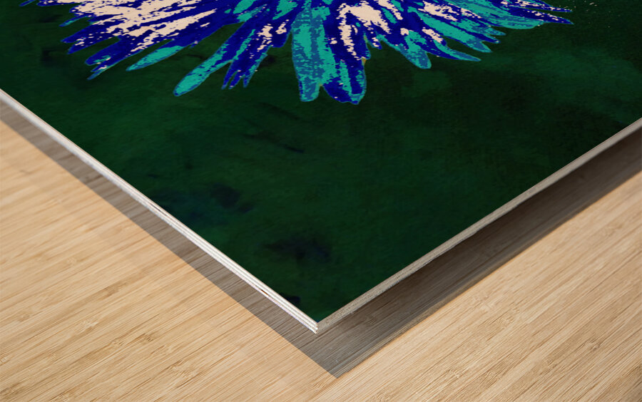 Abstract Vibrant Blue and Green Daisy Flower Wood print