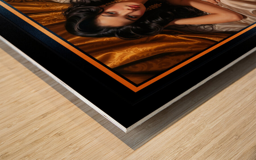 A Mesmerizing Raven-Haired Beauty Reclining In Satin And Golden Luxury AI Concept Art by Xzendor7 Wood print