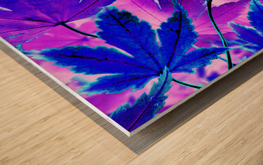 Abstract Neon Purple and Blue Creative Leaves  Wood print