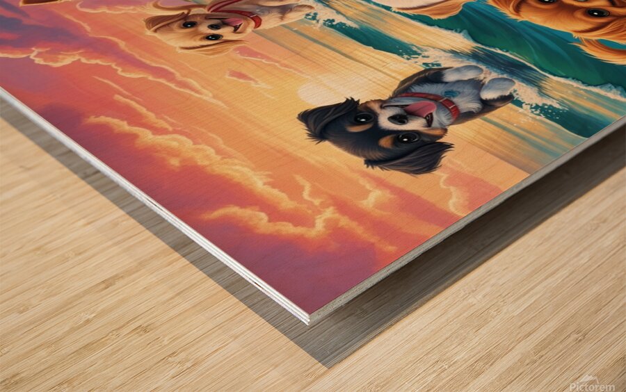 Adorable Puppies Playing at the Beach | Cute Sunset Dog Illustration Wood print