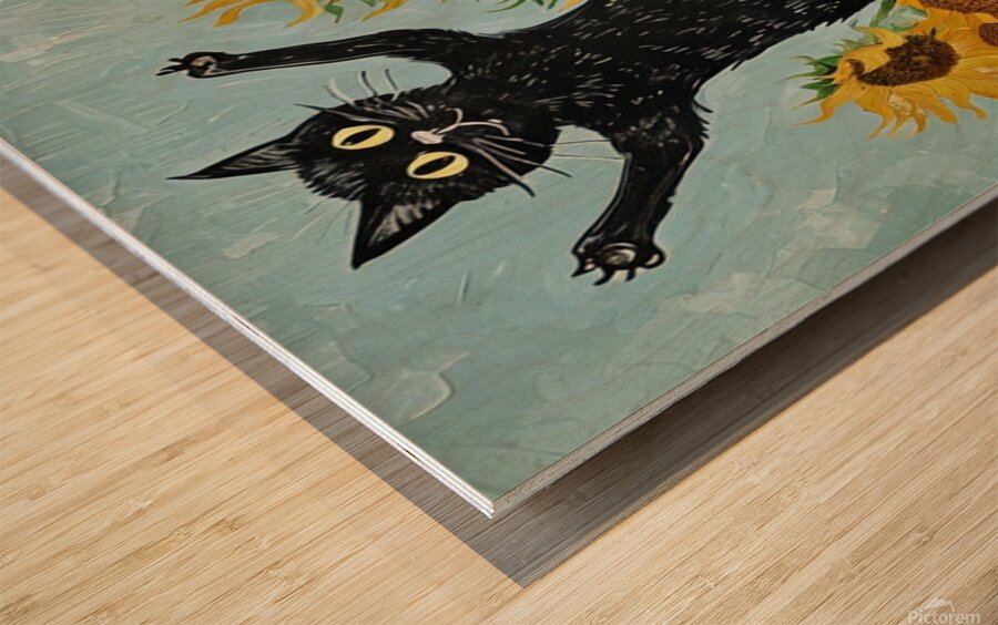 Playful Cat With Sunflowers Inspired By Van Gogh. Wood print