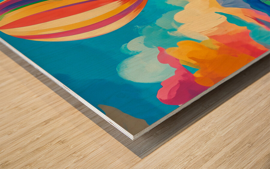 Hot Air Balloon Over Bright Countryside Wood print